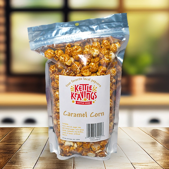 Caramel Kettle Korn popcorn in half-gallon bag